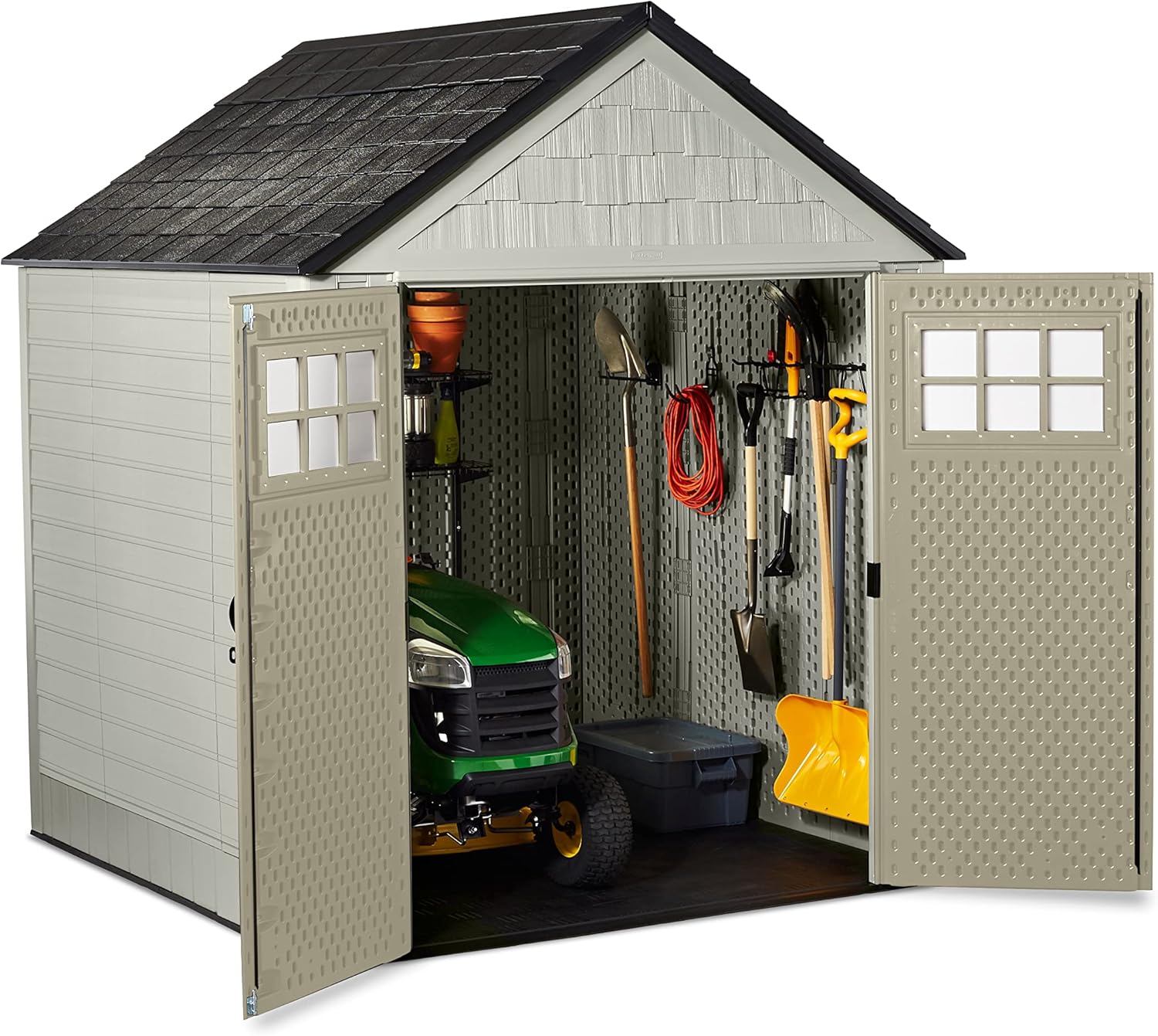 Rubbermaid Resin Outdoor Storage Shed With Floor (7 x 7 Ft), Weather Resistant, Beige/Brown, Organization for Home/Backyard/Garden Tools/Lawn Mower/Bike Storage/Pool Supplies