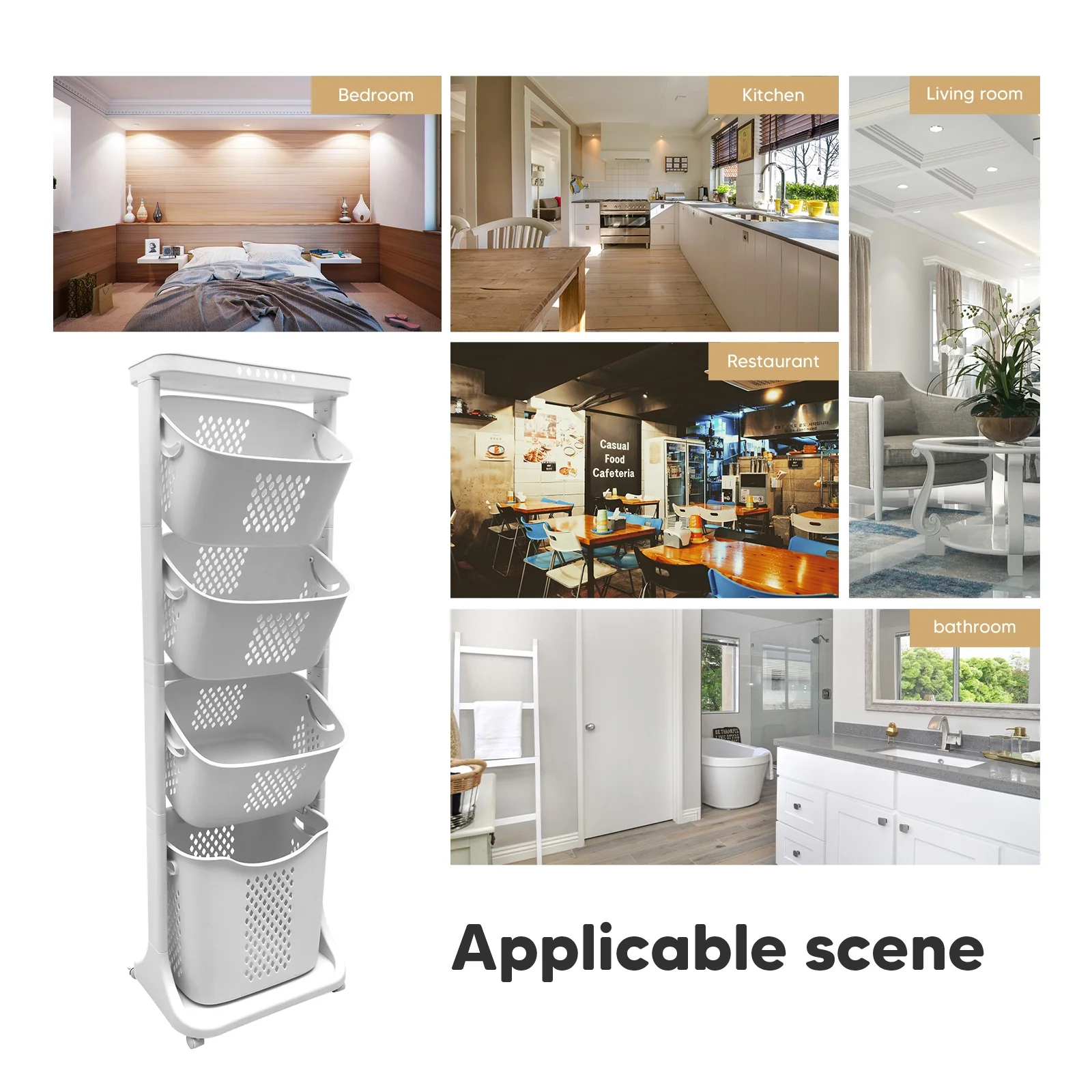 Magichomestore 4-Tier Laundry Hamper Sorter, Laundry Storage Organizer with Wheels Removable Rolling Laundry Baskets, Bathroom Cart for Dirty Clothes
