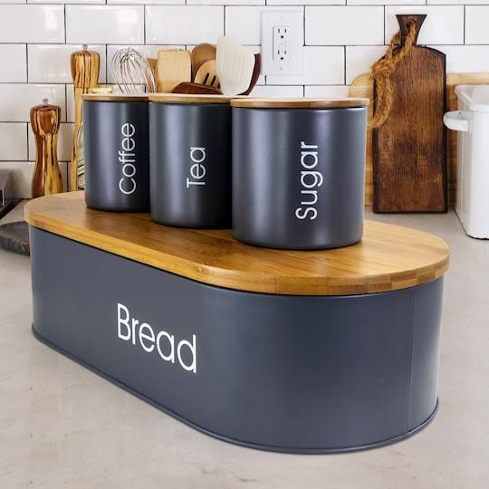 MegaChef Bamboo Kitchen Countertop 4 Piece Metal Bread Basket and Canister Set in Gray with Lids