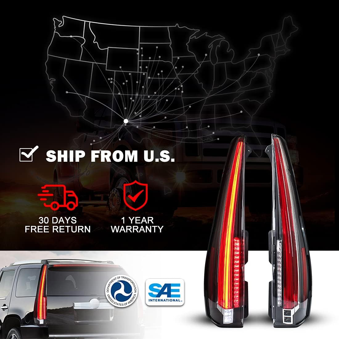 ROXX Full LED Tail Lights Assembly for 2007-2014 Cadillac Escalade /ESV 3rd Gen SUV, Full Sealed Taillights Pair with Red Led Turn Signals/ DRL, Led Reverse Lights, Passenger and Driver Side (Clear