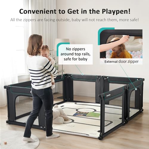 Doradotey Baby Playpen, Shape &Size Adjustable Large Baby Playard for Babies and Toddlers, Foldable Playpen Baby Fence Indoors Play Center Yards, Breathable Mesh Anti-Fall Play Pen 79x71, Black