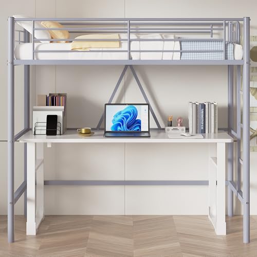 VECELO Metal Loft Bed Twin Size, Heavy Duty Bedframe with Removable Ladder and Safety Guardrail, Space-Saving, Noise Free, No Box Spring Needed, Off White