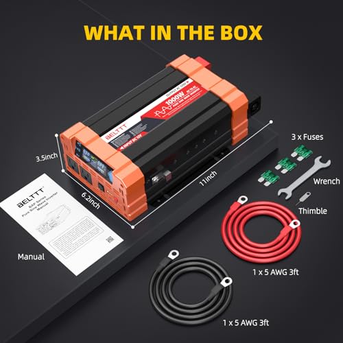 BELTTT 2000W Pure Sine Wave Inverter, Car Power Inverter 12V to 120V AC Converter for RV, Truck, Solar, Outdoor with Dual AC and 20A Socket, 5V 2.1A USB, Surge 4000W, Hardwire Port, Remote Controller