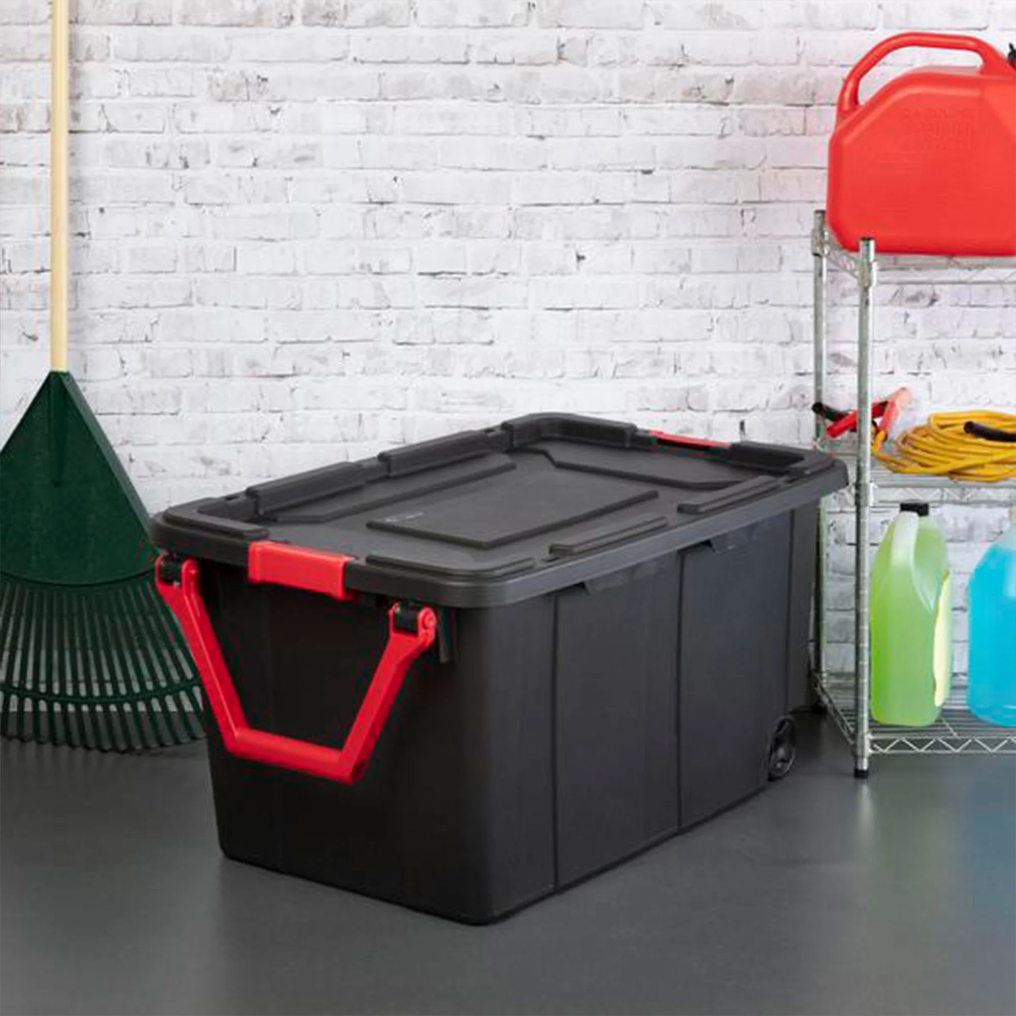 Sterilite Durable 40 Gallon Wheeled Industrial Storage Tote, Black (8 Pack)