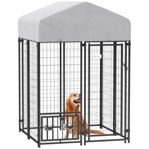 PawHut 4.6' x 4.6' x 5' Dog Kennel Outside, Welded Wire Outdoor Dog Kennel Run with Waterproof & UV Resistant Cover, for S&M Breeds, Chickens, Ducks, Black