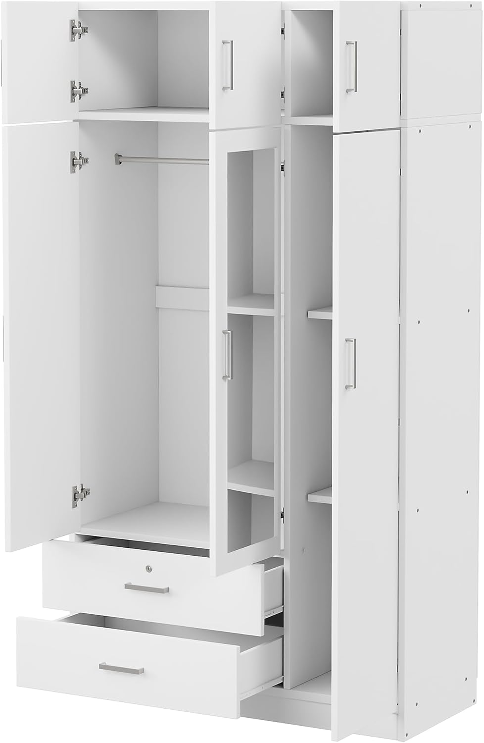 3-Door Mirror Wardrobe Closet, Bedroom Freestanding Storage Armoire Organizer with 2 Drawers and Top Cabinet, 41.30" L x 19.50" W x 81.10" H, White