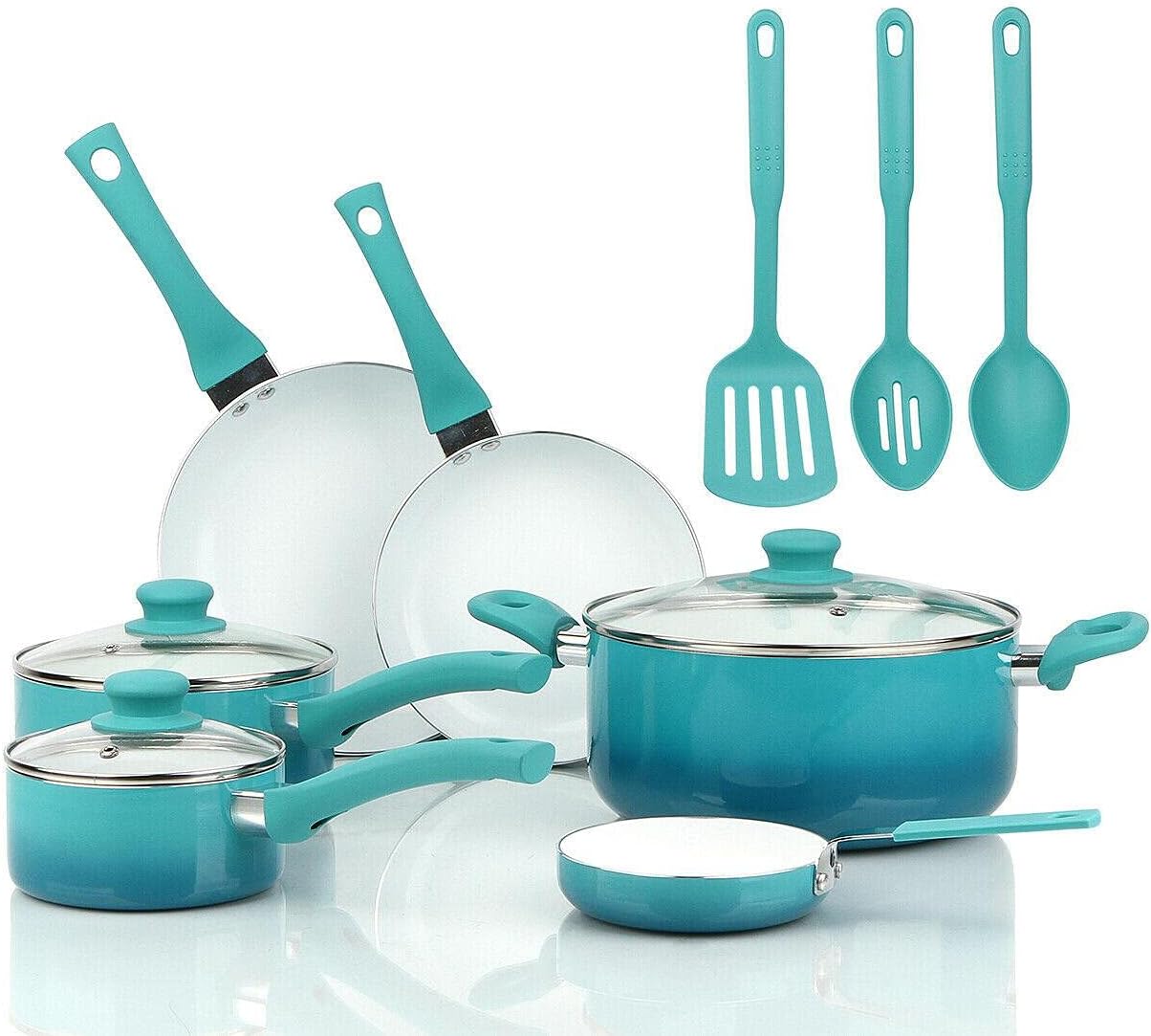 Ceramic Nonstick 12 Piece Cookware Set,Teal Ombre Pots and pans set Kitchen cookware sets Cast iron pan Cookware sets Pots and pans Nonstick pan Cast iron skillets,Blue,4378695