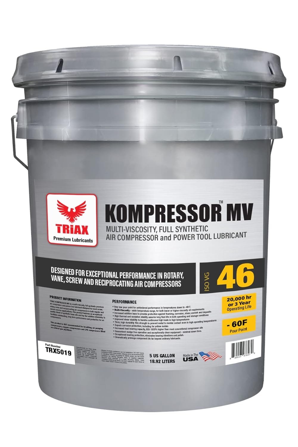 Triax Kompressor MV ISO 46, Multi Vis, Full Synthetic Air Compressor Oil, Rotary, Vane, Screw, Reciprocal, High Temp, 20,000 Hour Life (4 Gallon Pack)