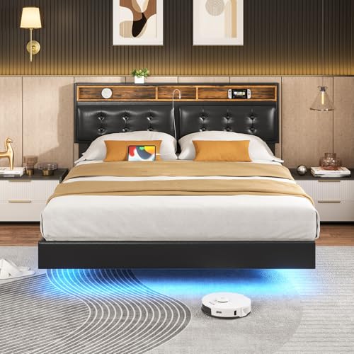 Hasuit California King Floating Bed Frame with LED Lights, California King Bed Frame with Headboard and Charging Station, Cal King Bed Frame No Box Spring Needed, Easy to Assemble, Faux Leather Black