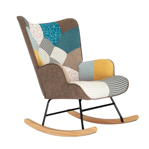 Patchwork Rocking Chair Accent Armchair Single Sofa Chair with Footstool and Pillow Fabric Upholstered High Back Armchairs Lounge Chair for Living Room Reading Bedroom 35''Lx 26''Wx37.8''H Colorful