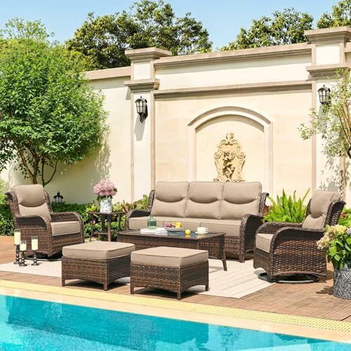 Luxury Patio Furniture Set with 6-inch Thick Cushion, Outdoor Couch and High Back Swivel Rocker Patio Chairs, 7PCS Wicker Conversation Set for Deck, Yard, and Poolside in Blue (V2)