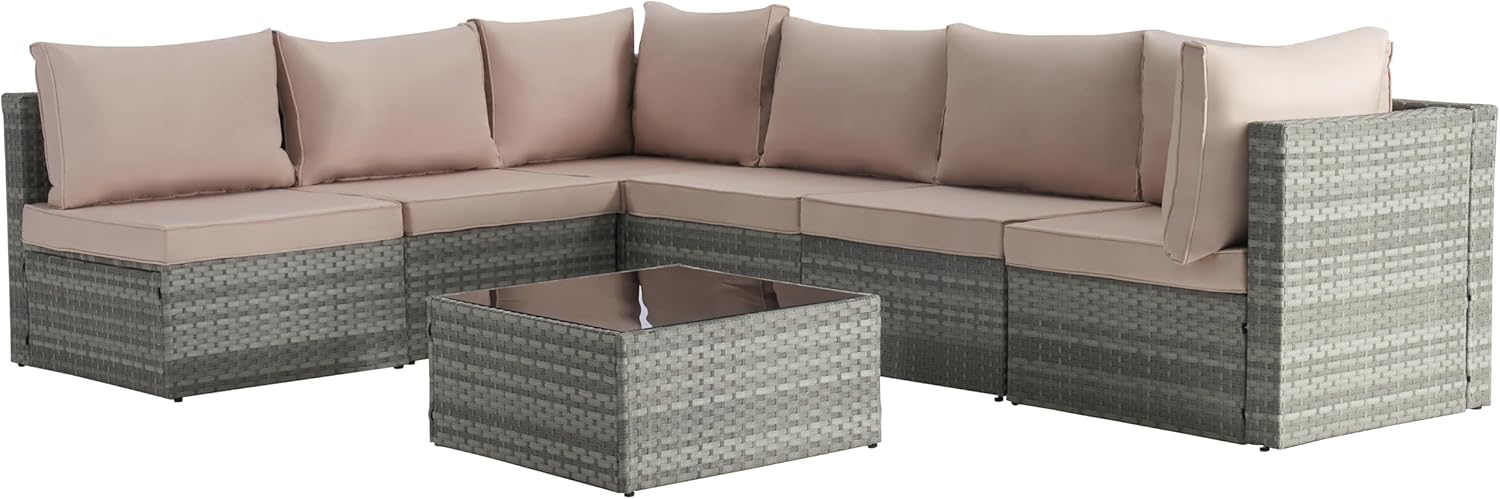 7 Piece Patio Furniture Outdoor Conversation Set, All-Weather PE Rattan Wicker Sectional Sofa w/Coffee Table & Thickness Cushion for Deck, Porch, Terrace, Beige