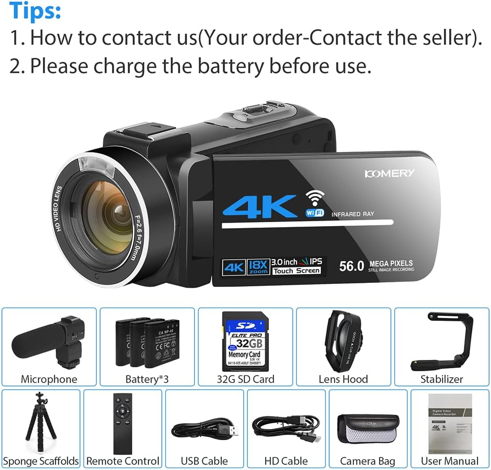 Camcorder Video Camera 4K 56MP UHD Video Camera for YouTube with External Mic Video Camera Camcorder with 32G SD Card 2.4G Remote IR Night Vision, 18X Digital Zoom Camcorder WiFi