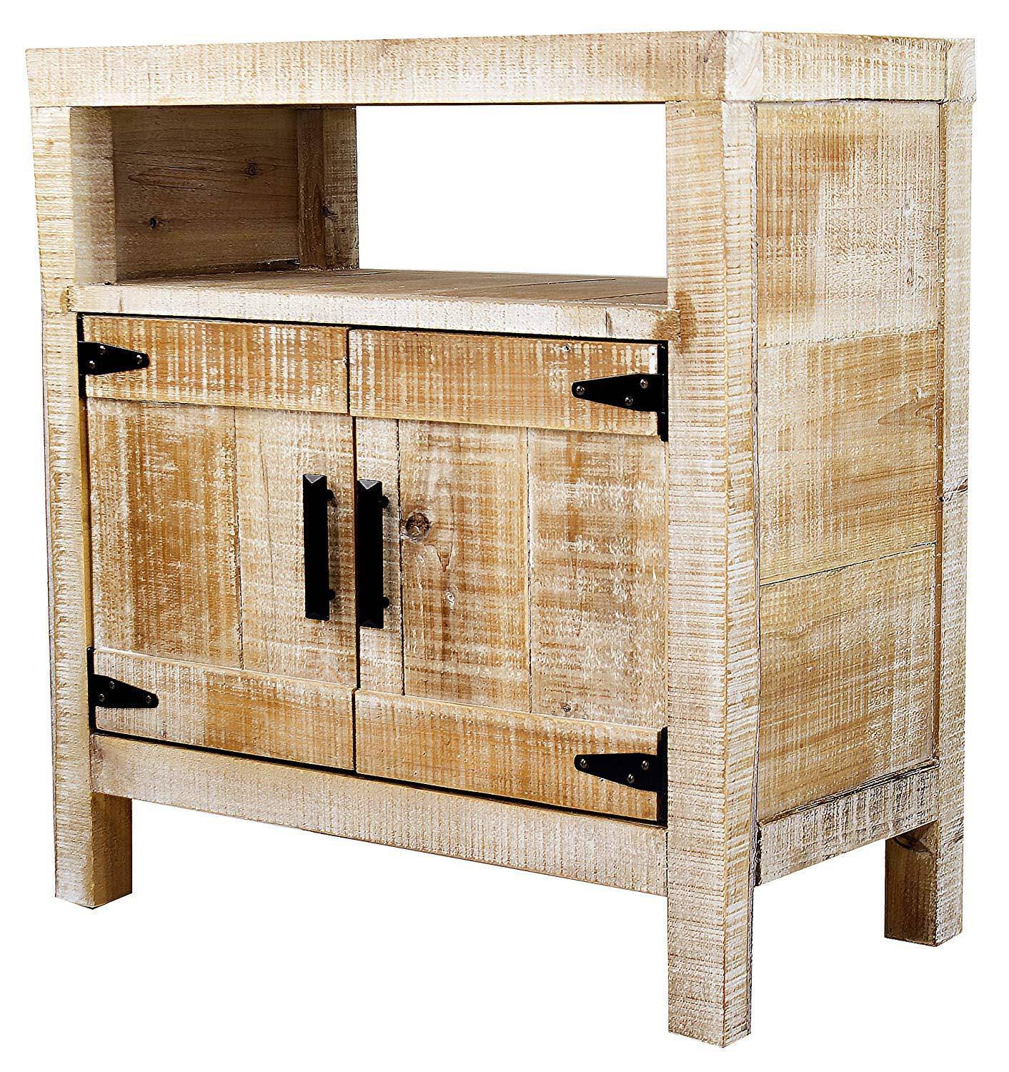 Distressed Wood Accent Cabinet with Open Shelf 2 Doors Iron Handles and Hinges