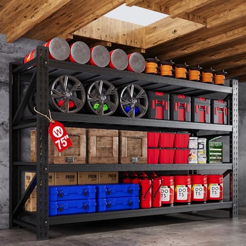 71” W Storage Shelves Heavy Duty, 5000LBS Metal Garage Shelving Units, 4 Tier Storage rack shelf, Steel Industrial Shelving , Adjustable Standing Shelf for Basement/Warehouse 71"W x 24"D x 70"H, Black