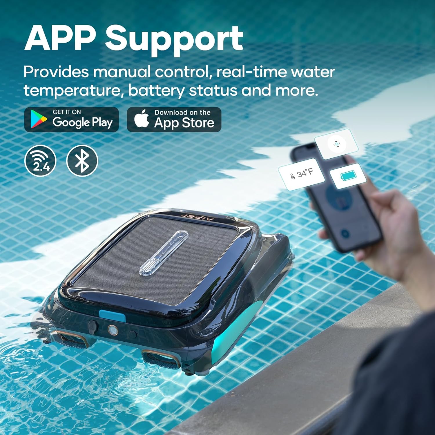 AIPER Surfer S1 Solar Powered Robotic Pool Skimmer with APP Support, 12 Hour Battery Life, Pilot H2 Handheld Pool Vacuum, Cordless Pool Cleaner for Sand, Leaf, Corners, Stairs, Two Cleaning Mode