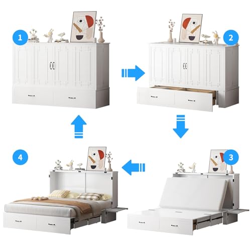 PUREMIND Murphy Bed Cabinet with Mattress Included, Queen Cabinet Beds with Storage Drawers, Murphy Chest Bed with USB Charging Station, Murphys Space-Saving Wallbed for Bedroom, Guest Room