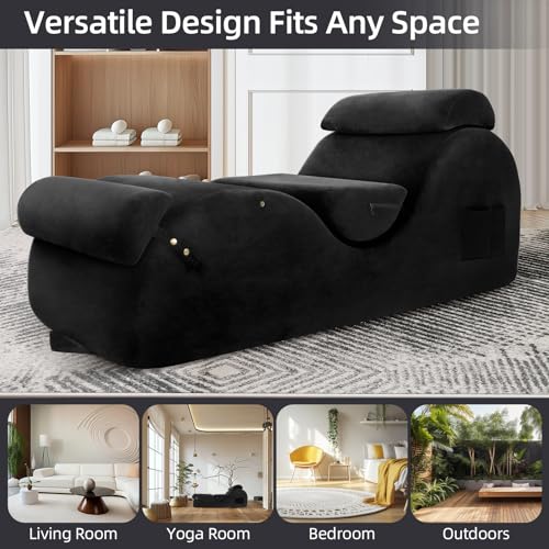Chaise Lounge Chair for Yoga, Chaise Lounge with Headrest, Waist Pad, Foot Pad, Washable Cover Side Pockets Non-Slip Bottom, Yoga Chair for Relaxation Stretching, (Pink, X-L)