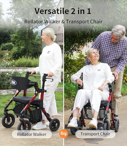 Walkers for Seniors, Rollator Walker with Seat, Transport Wheelchair Lightweight Foldable, Adult Rolling Walker, Rollator Transport Chair with Brakes, 2 in 1 Walker Wheelchair Combo Z51-2024 New