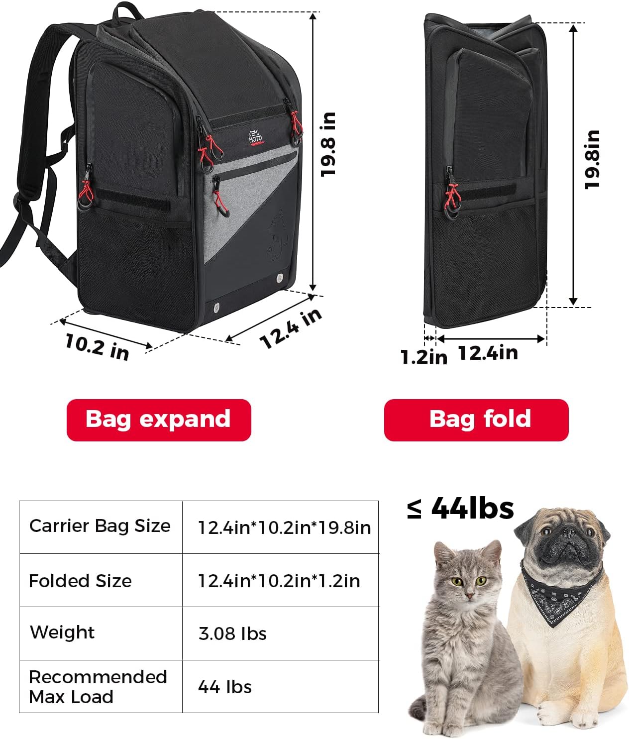 KEMIMOTO Motorcycle Dog/Cat Carrier Bags, Upgraded Pet Carriers Portable Load Capacity 20lbs Folding Dog Carrier Backpack for Street Glide Road King with Passenger Seat Touring Trike Models Can Am