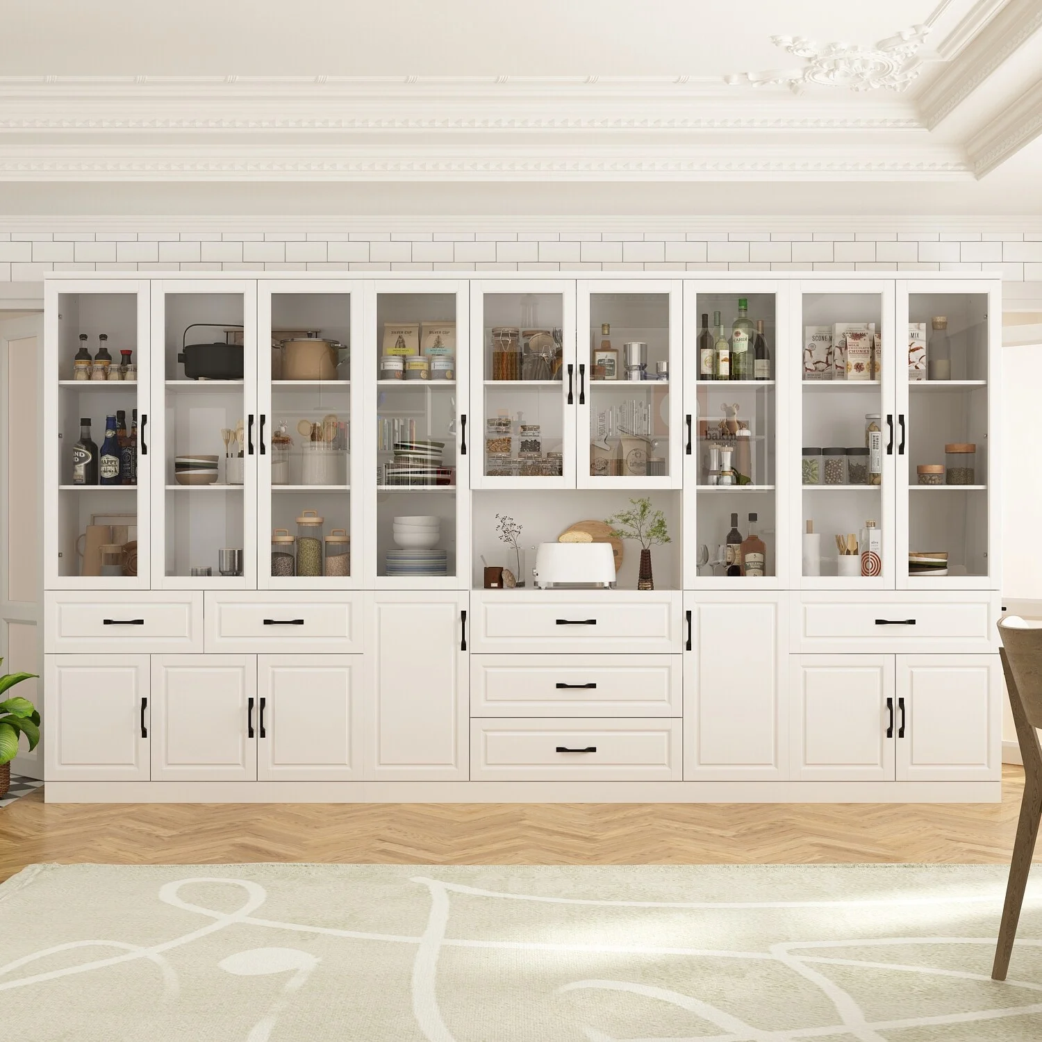78.7"Modular White Curio Bookcase Cabinet w/Glass Doors Buffet Display 141.7"