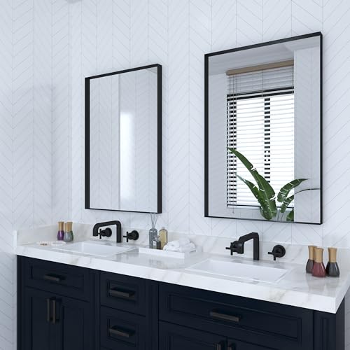 Black Metal Framed Bathroom Mirror for Wall, 30 x 36 Inch Square Corner Rectangle Matte Black Bathroom Vanity Mirror Farmhouse, 1/4-inch Shatterproof Glass | Ultra-Flush Hanging