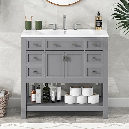22" Small Bathroom Vanity with Sink, White Bathroom Vanity Cabinet with Ceramic Vessel Sink & Left Side Storage, Single Sink Bathroom Vanity with Top, Freestanding Bathroom Sink and Cabinet Combo Set