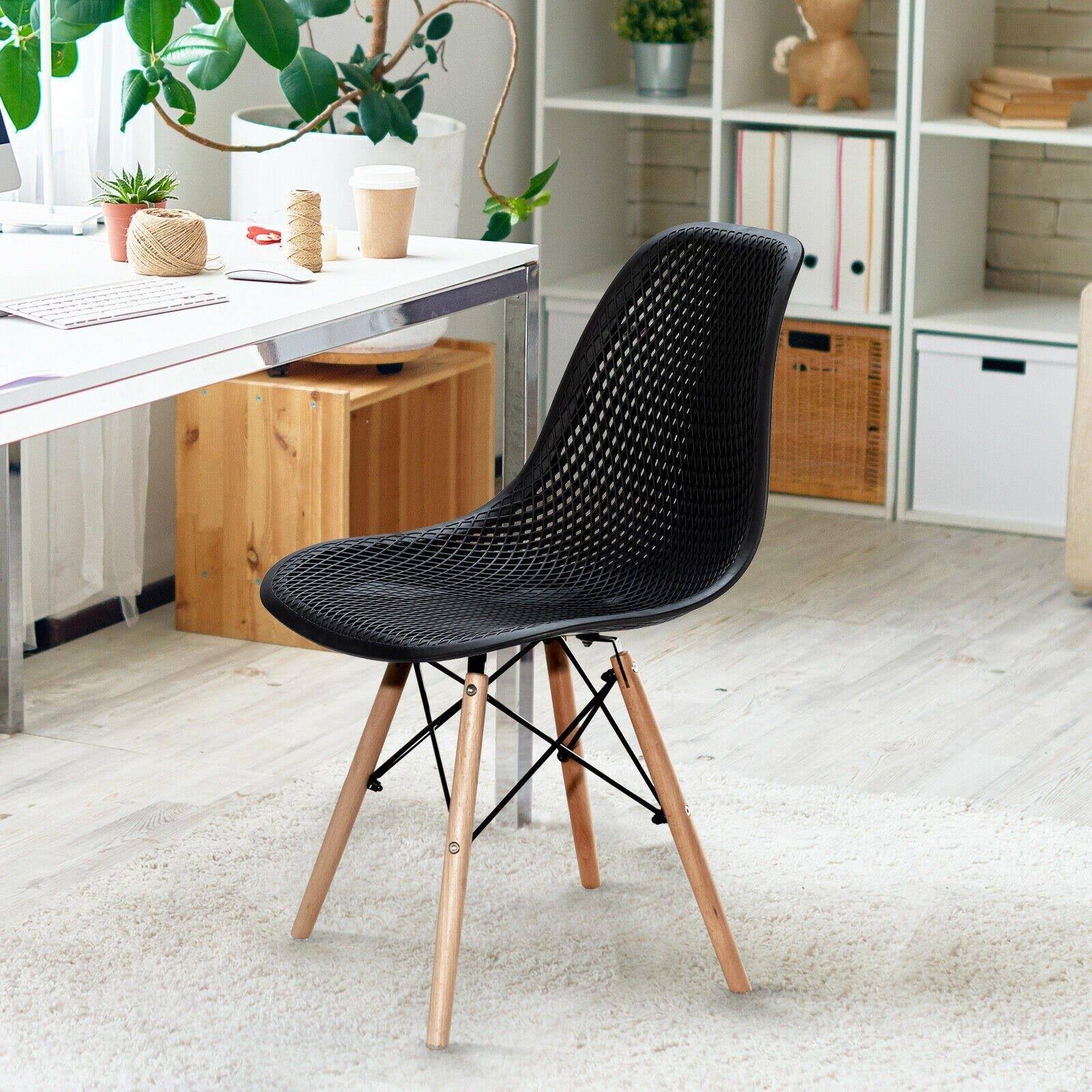 4 Pcs Modern Plastic Hollow Chair Set with Wood Leg-White