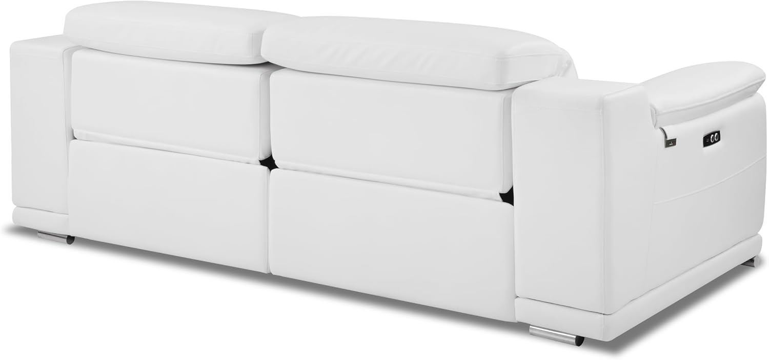 Global United 87 Inch Genuine Italian Leather Power Reclining Sofa, Top Grain Leather, Kiln-Dried Hardwood Frame, Stainless Steel Chrome Legs, White