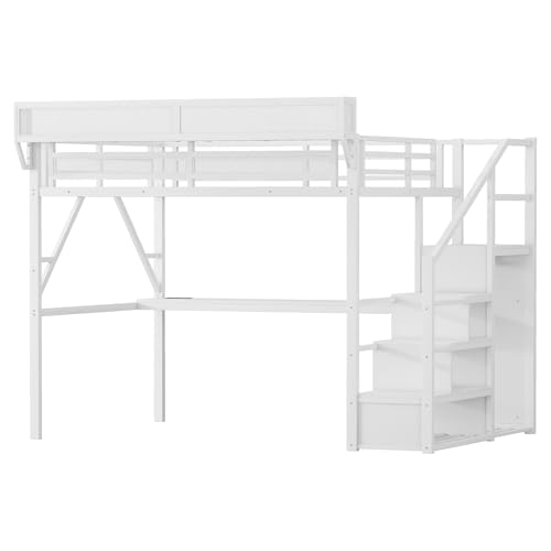 Full Size Loft Bed with Stairs and Storage, Metal Loft Bed Frame with Bedside Shelf and Large Under-Bed Space, Heavy-Duty Bed for Adults Teens and Kids, Black