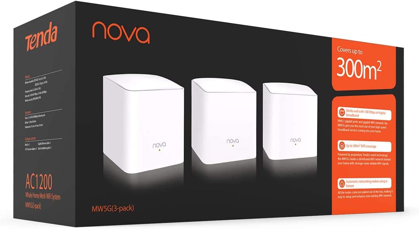 Tenda Nova MW5G Whole Home Mesh WiFi System - Dual Band Gigabit AC1200 Router Replacement for SmartHome,Works with Amazon Alexa for 3500 sq.ft Coverage (3 Pack)