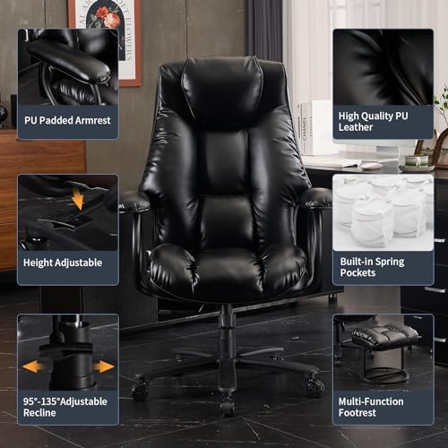 Office Chair Big and Tall, High Back Home Office Chair 400 lbs, Executive Chair, Desk Chair, Ergonomic Office Chair with Padded Armrest, Swivel Computer Chair PU Leather (Dark Brown)