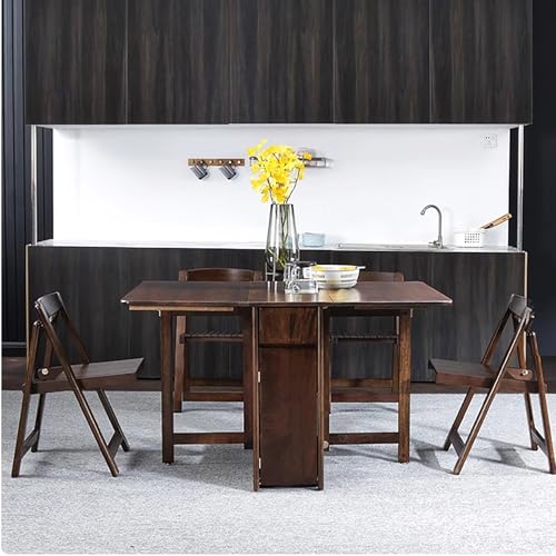 Solid Wood Folding Dining Table with Storage,Rectangular Island Kitchen Table with Drawers,Small Space Drop Leaf Foldable Table with Wheels,Table Only-No Chairs(34.5" D x 51" W x 29.5" H, Red Brown)