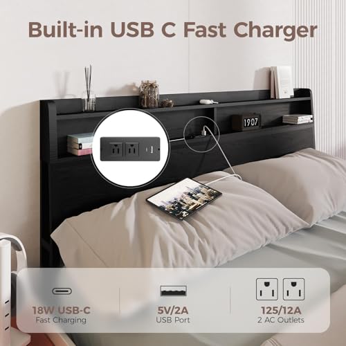 EVASTAR Queen Bed Frame with Storage Headboard and 4 Drawers, Metal Platform Bed Frame with Charging Station, Easy Assembly, Black
