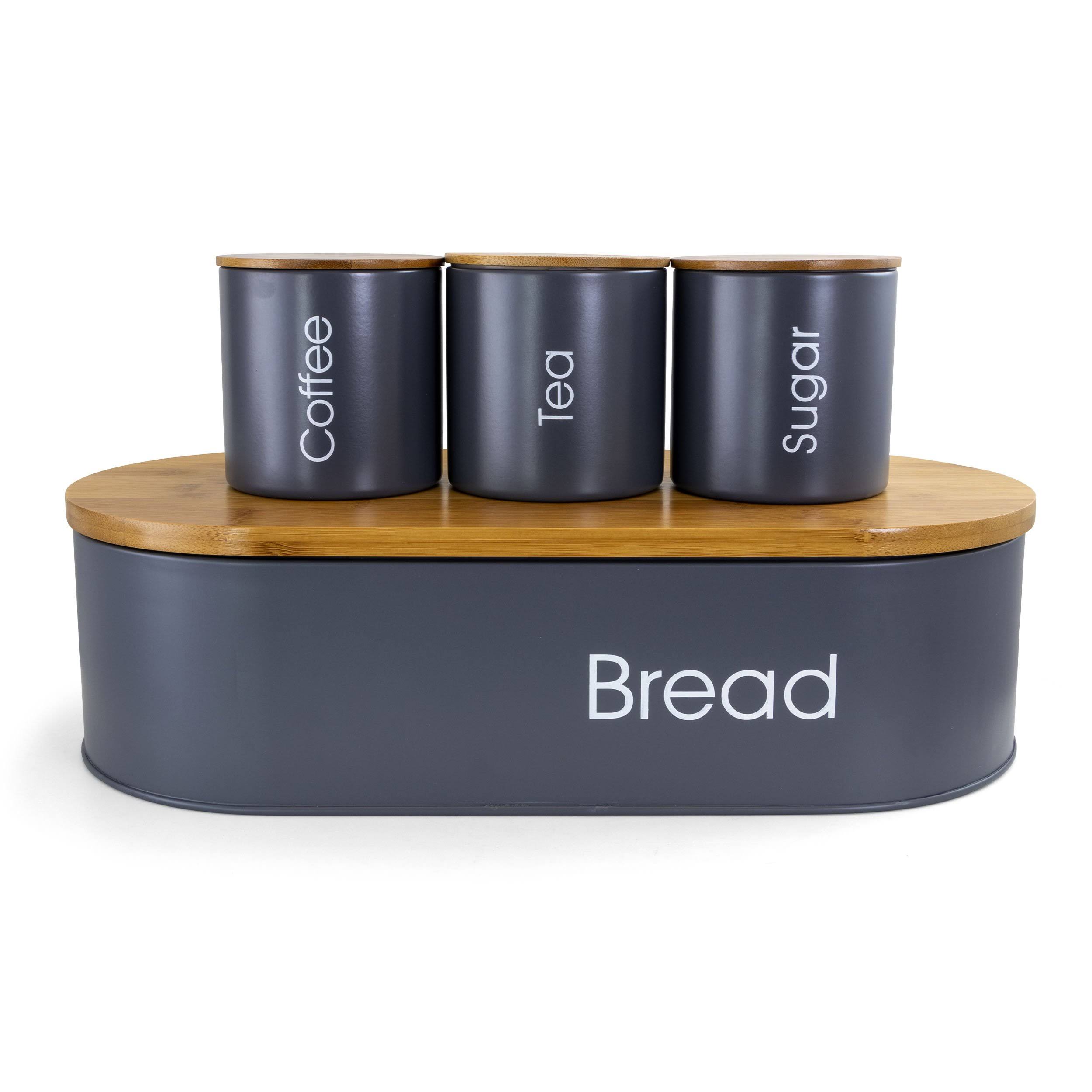 MegaChef Bamboo Kitchen Countertop 4 Piece Metal Bread Basket and Canister Set in Gray with Lids