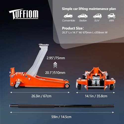 TUFFIOM Low Profile Floor Jack, Heavy Duty Jack with Dual Pistons Quick Lift Pump for Cars & SUVs, Lifting Range 2-19/20" to 20-1/10", Orange
