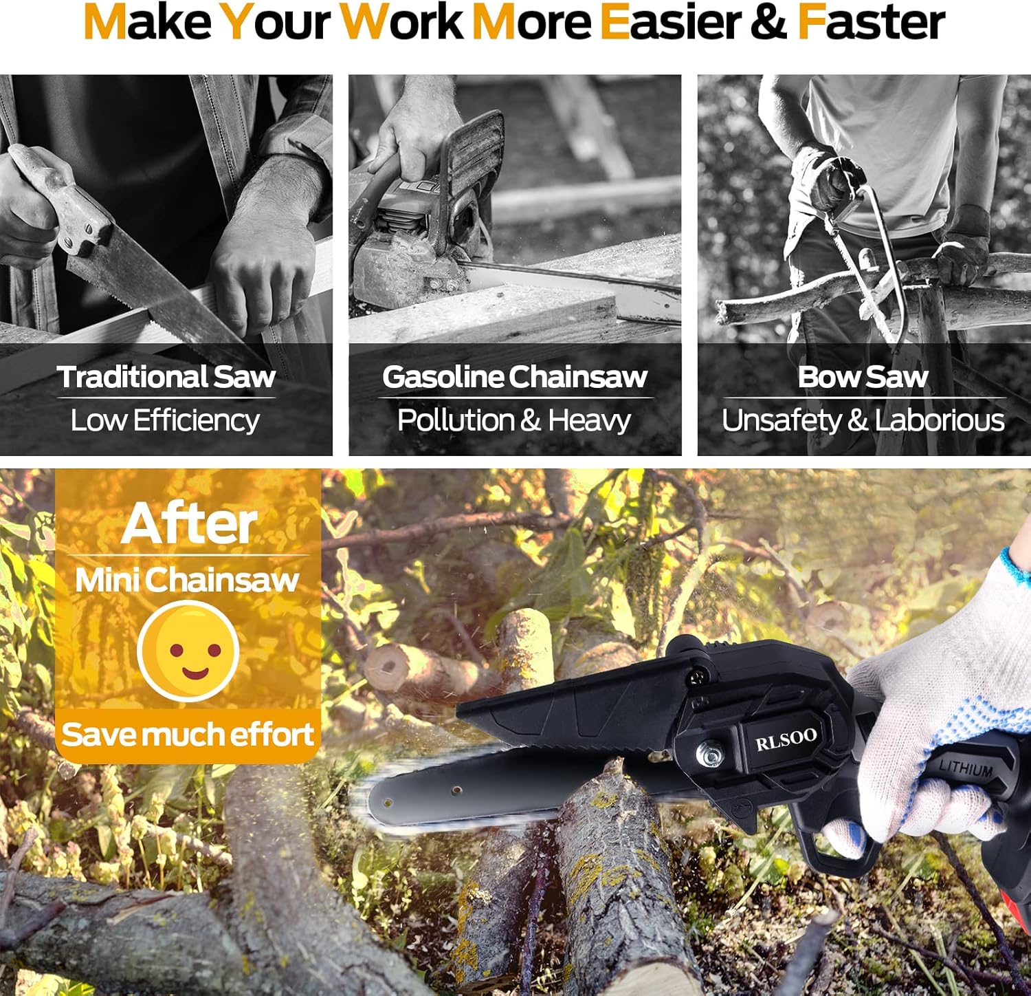 Mini Chainsaw, RLSOO Upgraded 6 Inch 24V Battery Powered Mini Chainsaw Cordless, Portable Electric Chainsaw with 2 Batteries and 2 Chains, Handheld Rechargeable Chainsaw for Wood Cutting Tree Pruning Pack of 2