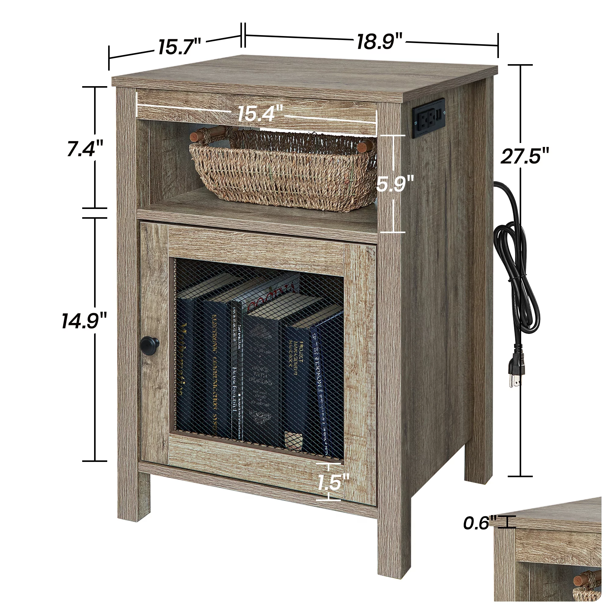 StorageWorks End Table with USB Ports & Power Outlets, Farmhouse Chairside Table with Cabinet and Open Storage Shelf, Wood Accent Table for Living Room Bedroom, Weathered Oak Grey