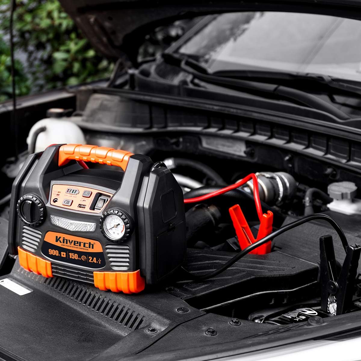 Kinverch Portable Car Jump Starter 1000 Peak Amp 12-Volt with 1-USB 1-12V Power Ports & 150 PSI Air Compressor