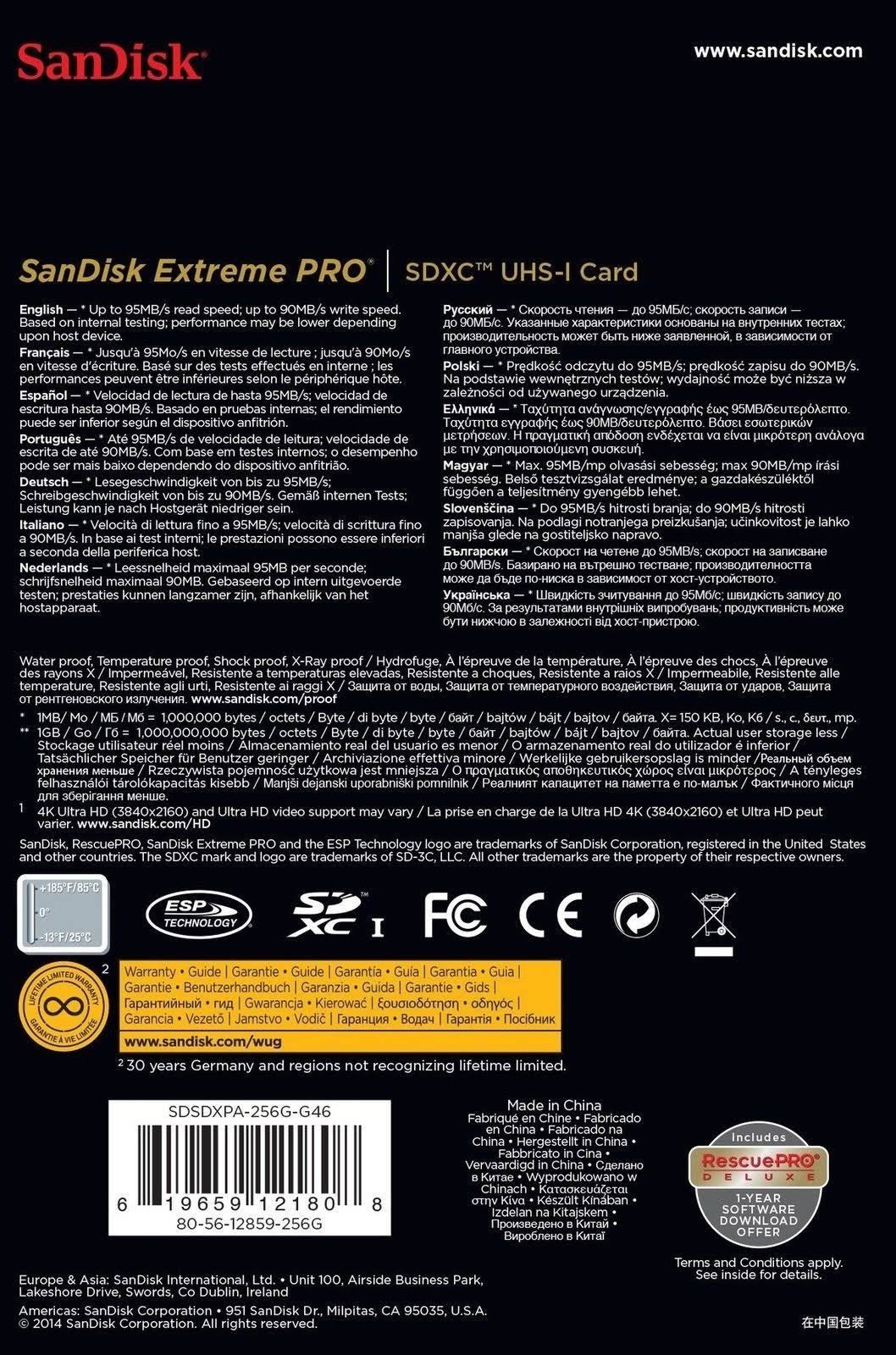 SanDisk Extreme Pro 256GB Up to 95MB/s UHS-I/U3 SDXC Flash Memory Card - SDSDXPA-256G-G46