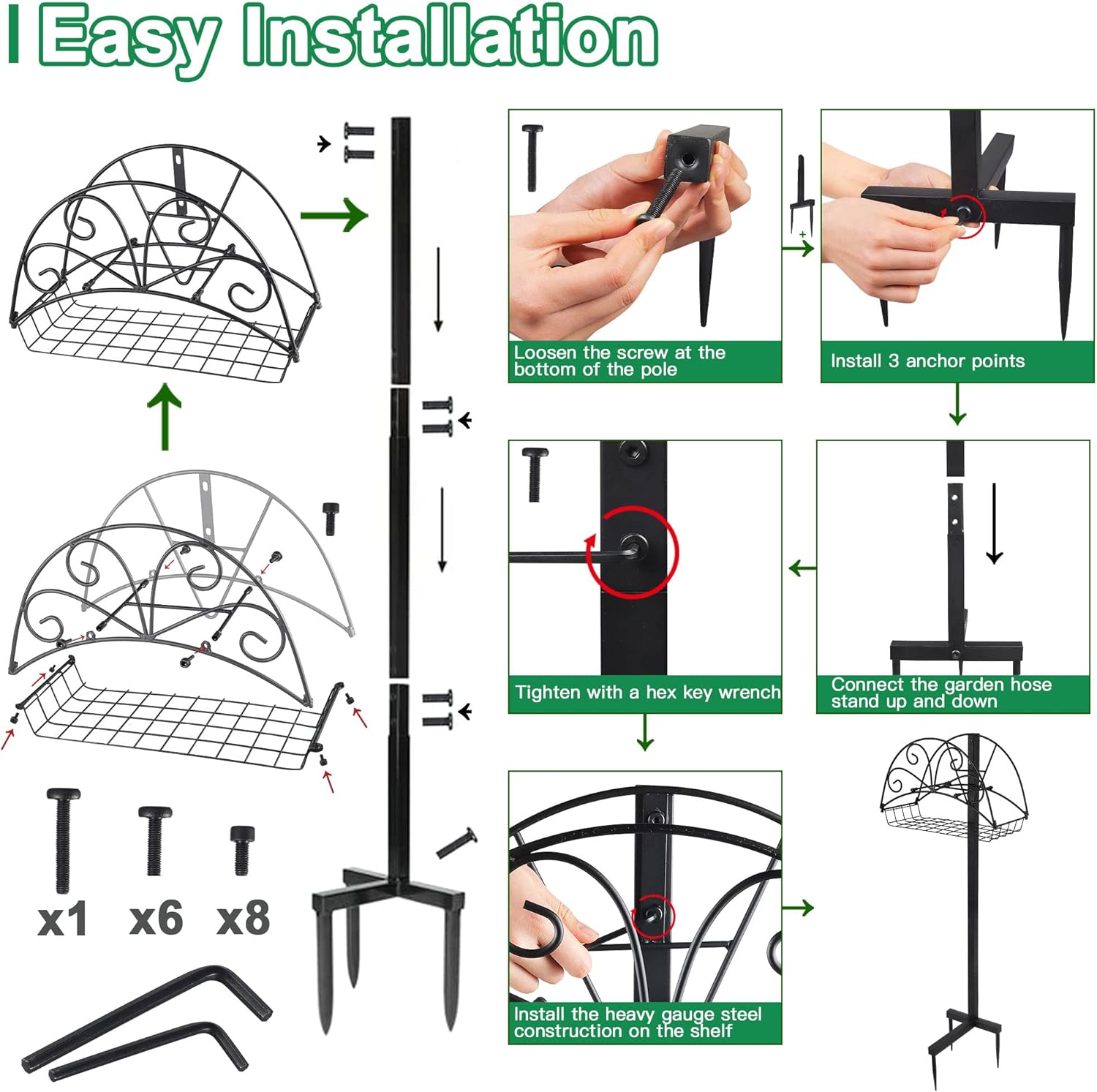 Gardguard Garden Hose Holder Freestanding - Water Hose Stand Hanger with Extra Basket and Large Capacity, Outdoor Detachable Heavy Duty Metal Hose Rack for Outside Garden, Yard, Lawn