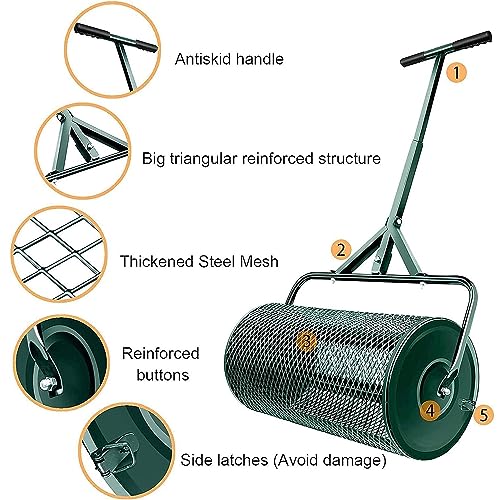 Lawn & Garden Spreader with Upgraded Side Clasps - 24" x 17" Inch Peat Moss Spreader and Compost Spreader - Heavy Duty Metal Mesh Basket Push Spreader,Green