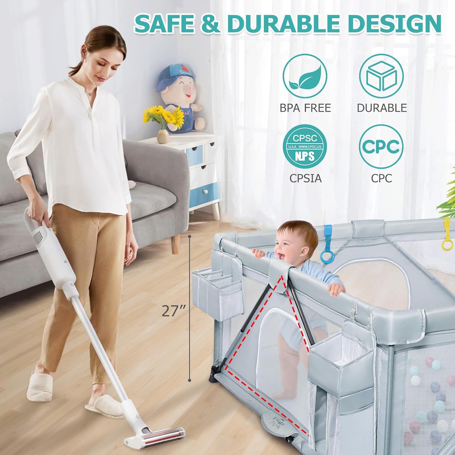 Baby Playpen: Foldable Playpen for Babies and Toddlers Large Play Pen Portable Playpen Fence Indoor Outdoor Kids Safety Area Travel Play Yard with 2 Storage Bags 4 Handlers 50 Balls (71" × 59")