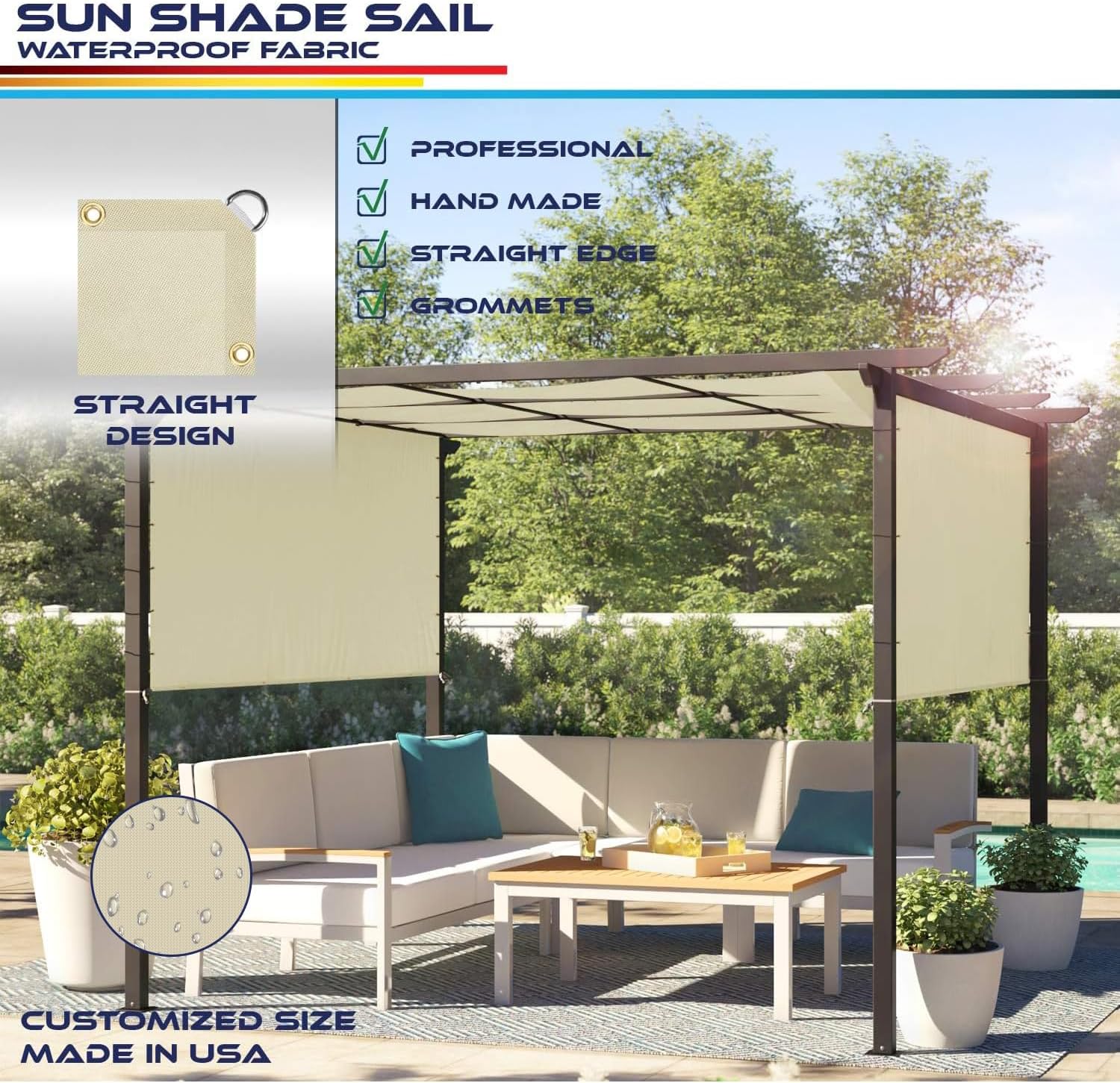 12' x 16' Waterproof Sun Shade Sail Straight Edge Outdoor Canopy Cover UV Block for Lawn Patio Backyard Garden Deck Pergola (Beige)