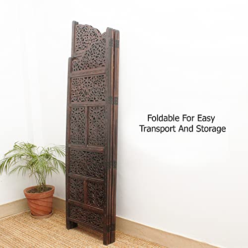 Room Divider Wood Screen - Ghanti Bells Antique Brown - 4 Panel Folding 72 x 80 - Assembled Hand Carved Decorative Functional Versatile Portable Partition Reversible Privacy Boho - COTTON CRAFT