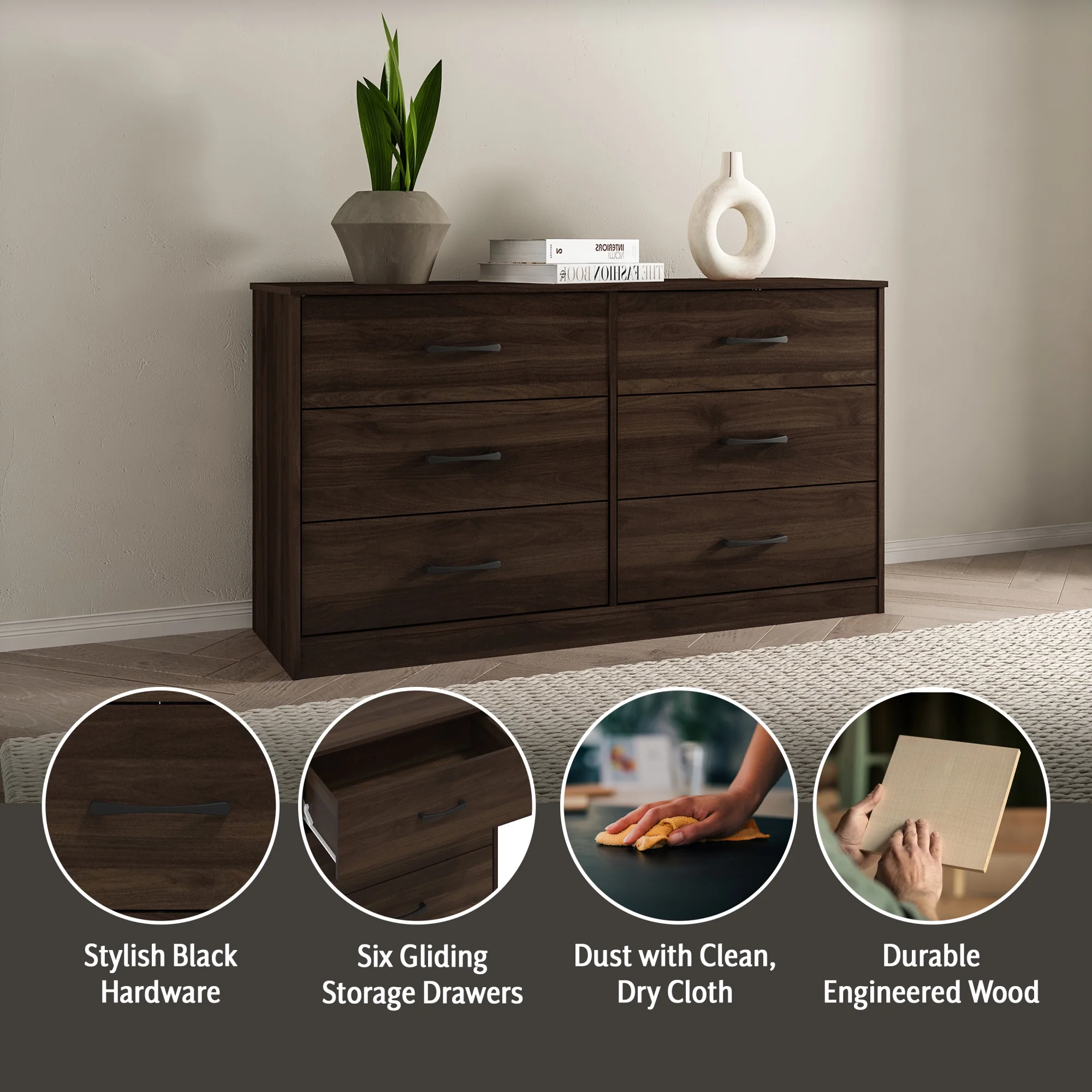 Mainstays Ardent 6 Drawer Dresser, Dark Walnut