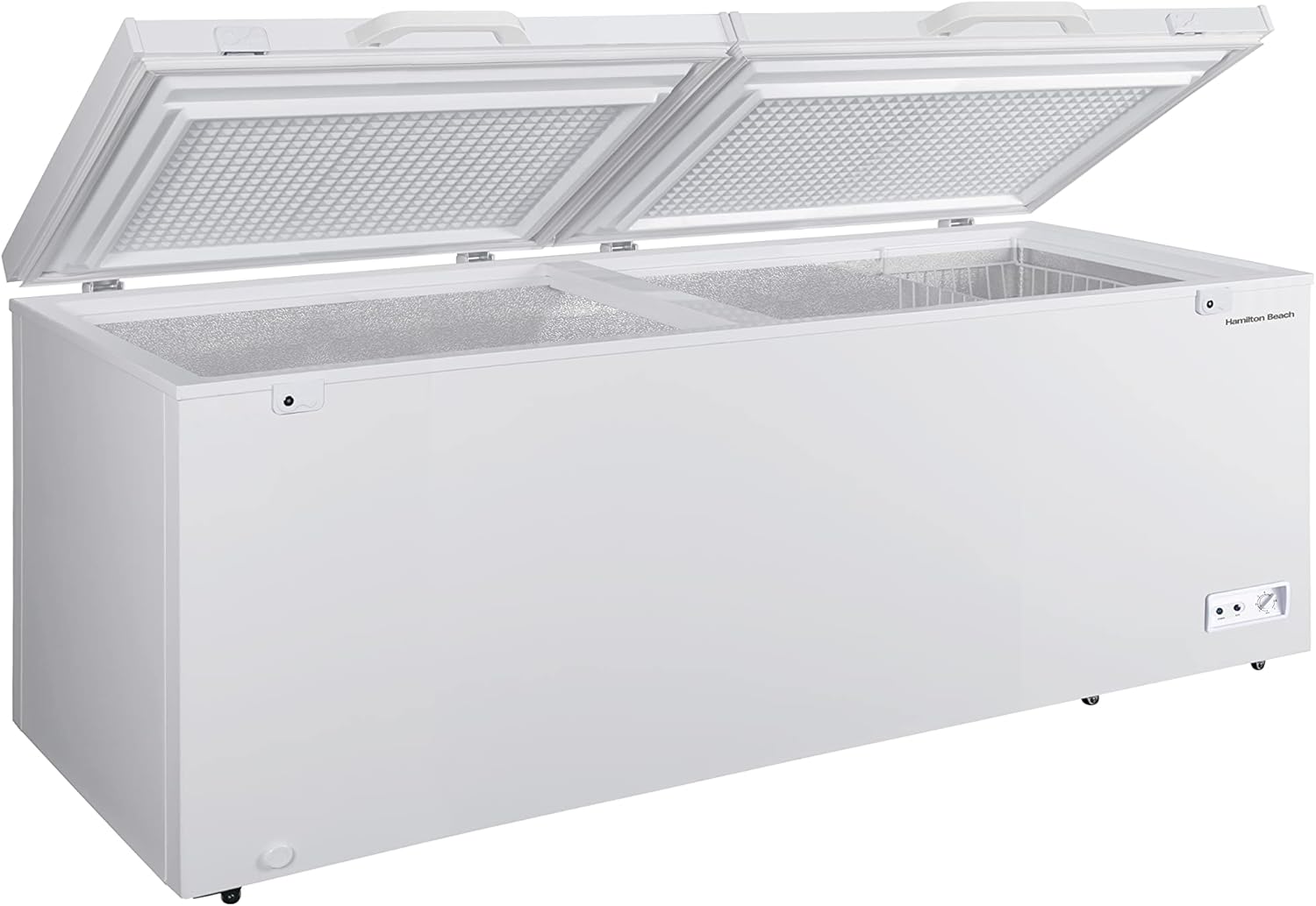 Hamilton Beach 25 Cu. Ft. Garage Ready Chest Freezer, White Deep Freezer, Adjustable Thermostat, Easy Defrost Drain, Double Door Lid, for Storage, Hunting, Large Family - 29"D x 79"W x 38"H