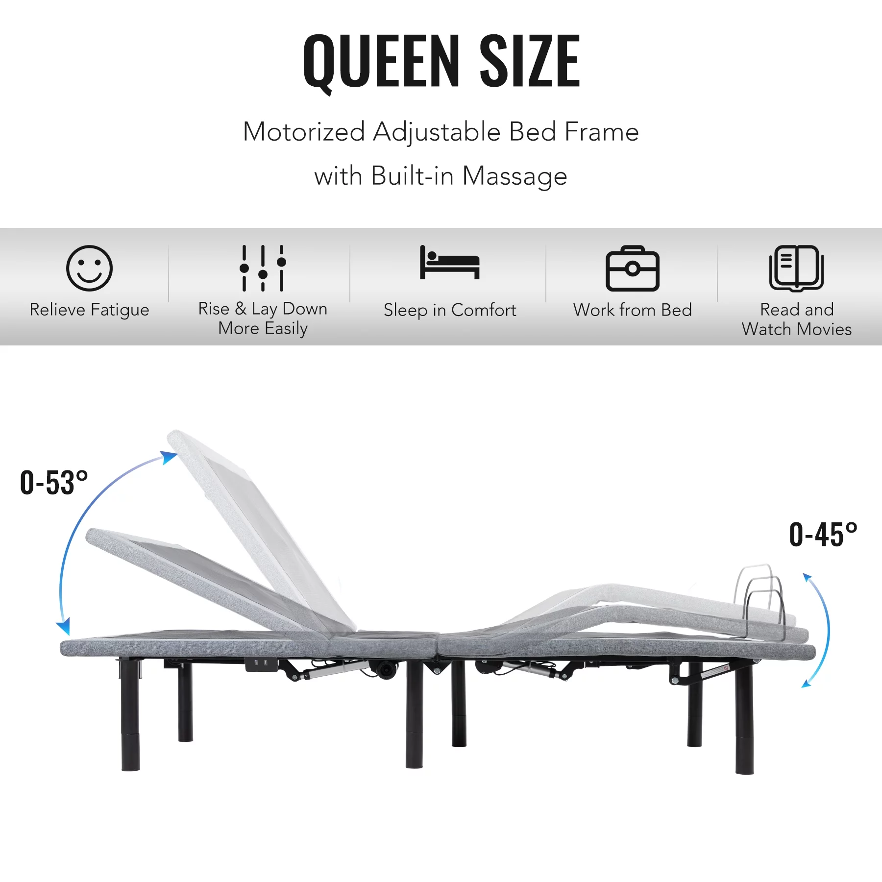 Motorized Bed Frame for Queen Size Mattress w Remote, USB Ports, & Massage