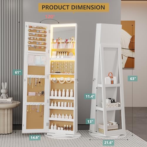 Vlsrka 360° Swivel Jewelry Cabinet with Lights, Jewelry Armoire with Full Length Mirror, Large Jewelry Armoire Organizer, Lockable Free Standing Mirror with Storage, Rear Storage Shelves, Black