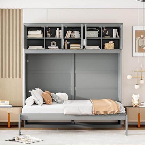 MERITLINE Queen Horizontal Murphy Bed Cabinet with Storage Bookcase Shelves and Charging Station,Wood Folding Grey Murphy Wall Bed for Adult